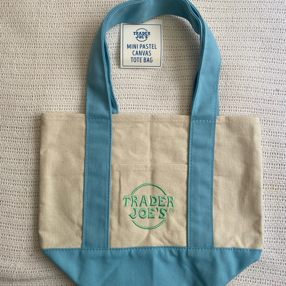 Trader Joe's Pastel Blue and Tan Canvas Tote Bag